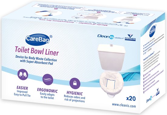 Verpakking CareBag Toilet Bowl Liner met 20 stuks. Met afbeelding van een toilet met ingelegd toiletpapier.