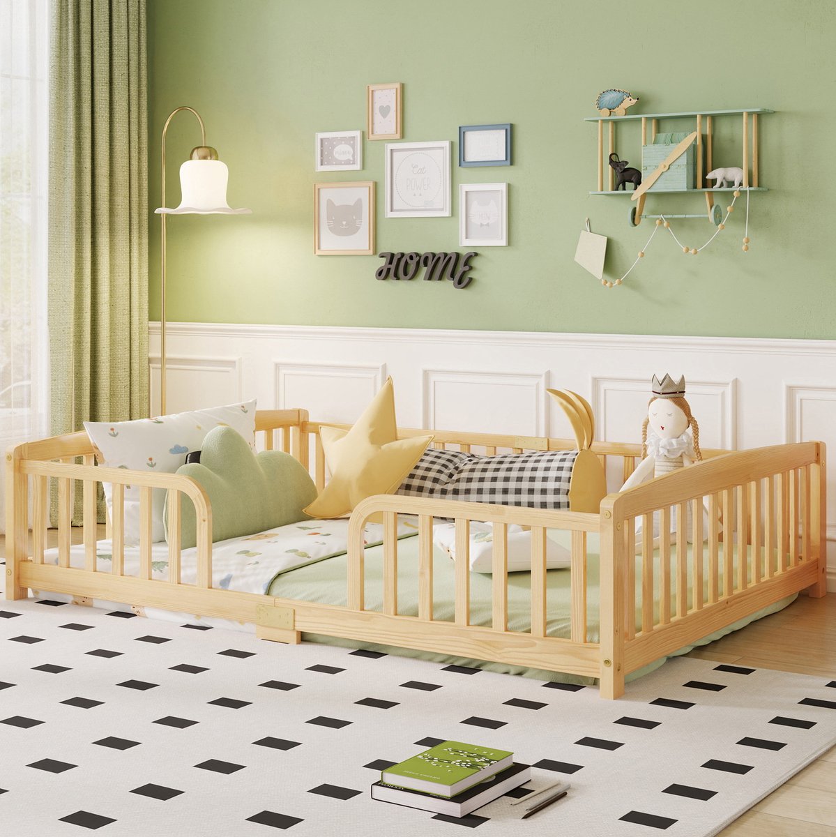 MIVRAY Kinderbed 140x200 cm Zonder Matras - Vloerbed Met Veiligheidshekken En Centrale Instap - Laag Bedframe Van Hout - Naturel