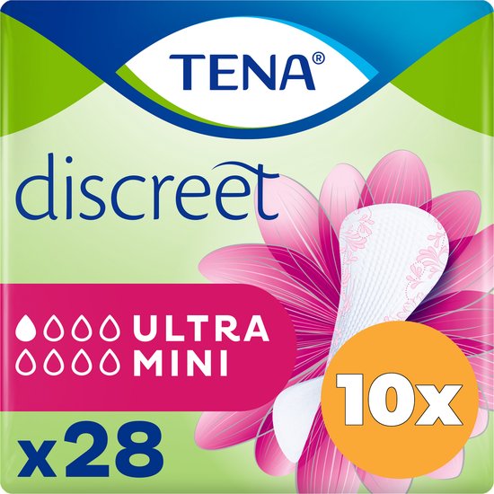 Multipack TENA Discreet Ultra Mini inlegkruisjes, 10x28 stuks. Met roze bloem en oranje cirkel '10x'.