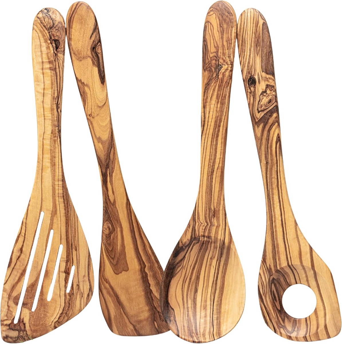 Keukengerei van Natuurlijk Olijfhout, Set van 4, Houten Lepel | Keukenspatel. Handgemaakt. Mediterrane Stijl. Voor Kaas Vleeswaren Vlees Brood. Serveerplank. Voor Keuken en Tafel. Duurzaam