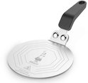 Zilverkleurig Bialetti inductie-adapterplaatje met zwarte handgreep. Oktagonale opdruk en 'CAUTION HOT SURFACE'.