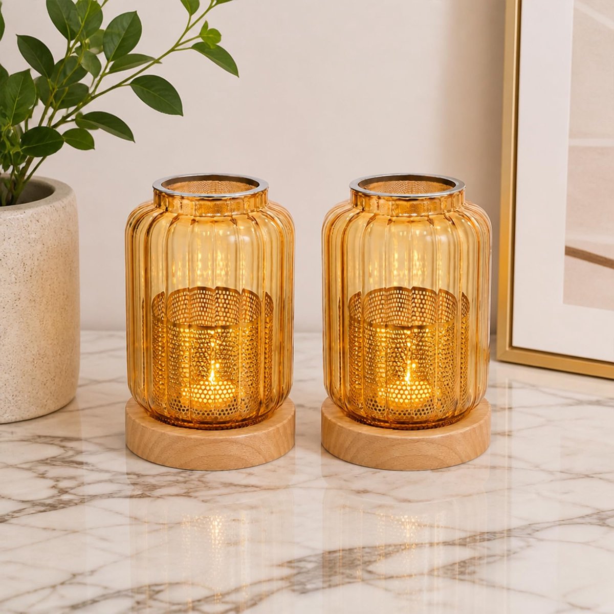 Kandelaars met strepen amberkleurig glas, moderne kandelaars stompkaarsen met netafdekking, netzak en pincet, voor tafeldecoratie, woonkamerdecoratie