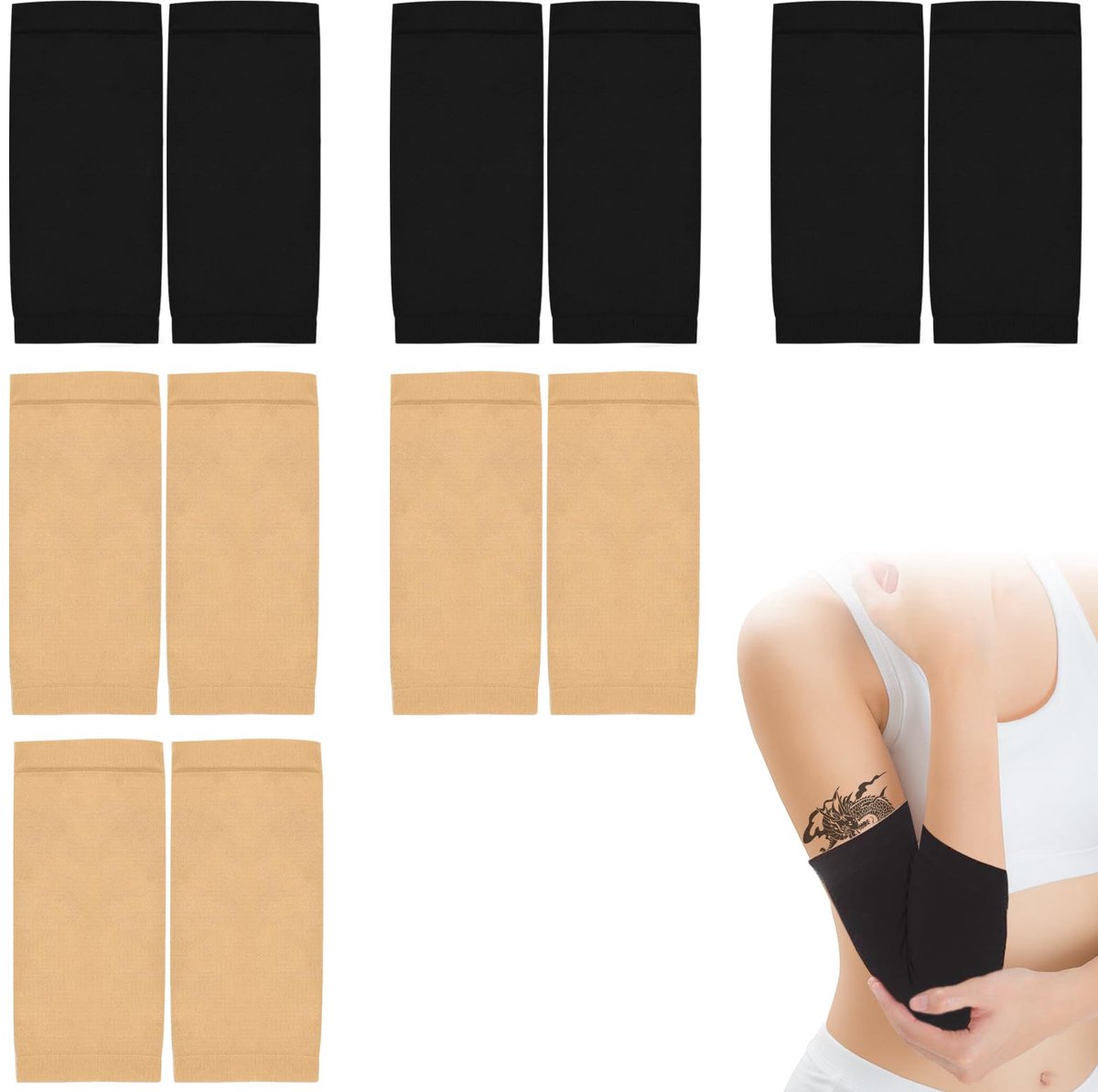 Armbeschermers 6 Paar Naadloos Ademend Flexibel UV Bescherming Tattoo Afdekking Zwart en Huidskleur 20x10 cm Voor Training Dagelijks Gebruik Fietsen Fitness