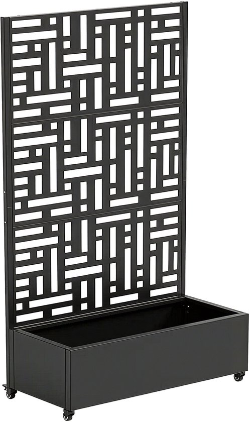 Zwart tuinscherm met geometrisch patroon en plantenbak op wielen, geïsoleerd.