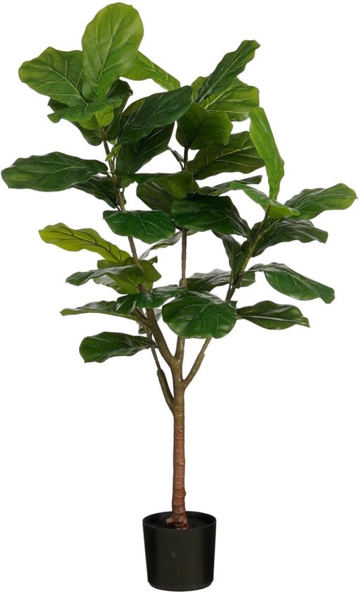 Een kunststof ficus lyrata plant in een zwarte pot, geïsoleerd op een witte achtergrond.
