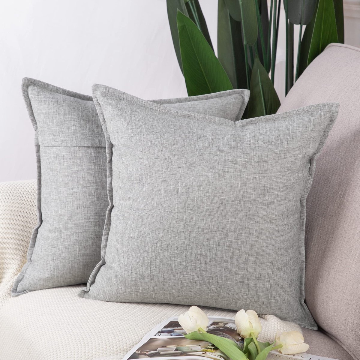 Set van 2 Imitatielinnen kussenslopen Zachte Decoratieve Kussenhoes voor Sofa Slaapkamer Kussensloop 50x50 cm Licht Grijs