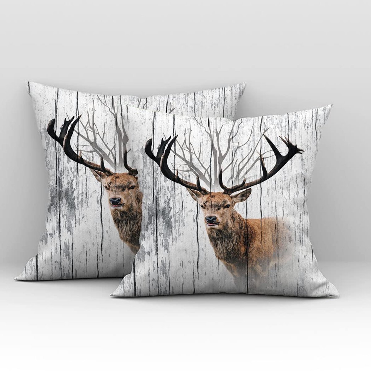 Kussenhoes decoratief kussenovertrek deco woonkamer kussensloop kussen overtrek kussen grijs houtnerf hert 45 x 45 cm