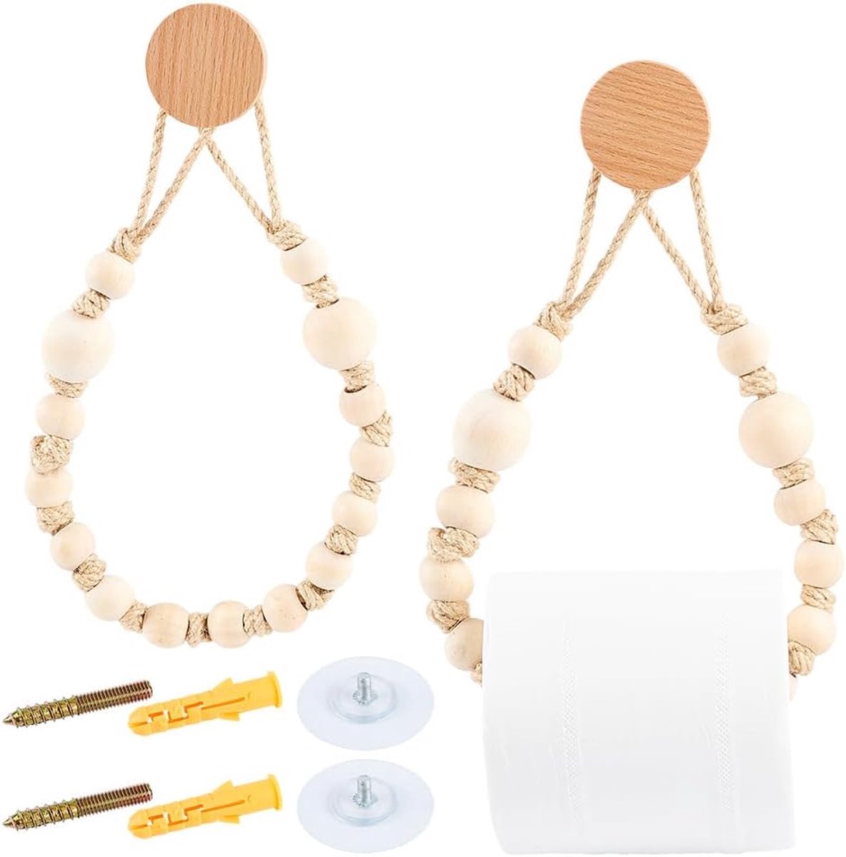 2 sets houten toiletrolhouder met kralen Rustieke badkameropbergruimte met jute koorden Antiek witte wandgemonteerde papierrolhouder voor boerderijdecor Juiste maat Natuurlijk