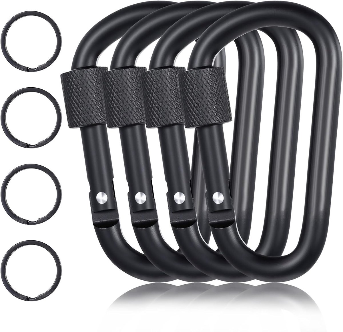 4 stuks karabijnhaken, klein, D-vorm, karabijnhaken met schroefsluiting, multifunctionele karabijnsluitingen met sleutelhanger, voor outdoor camping en wandelen, vissen of reizen (zwart)