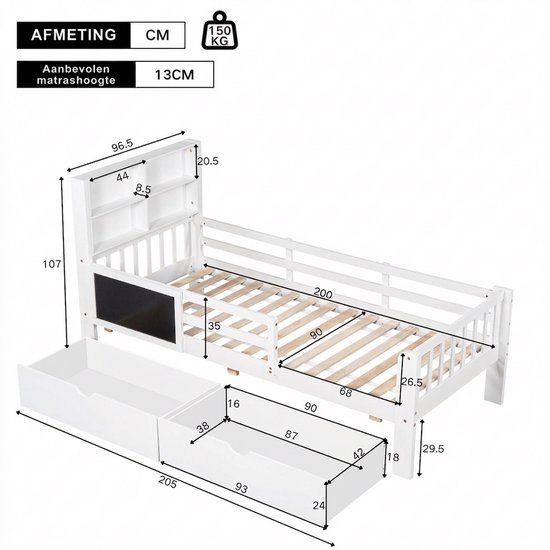 Afmetingen van een wit kinderbed met lades, boekenplank en krijtbord. Aangeraden matras hoogte 13cm. Draagvermogen 150 kg.