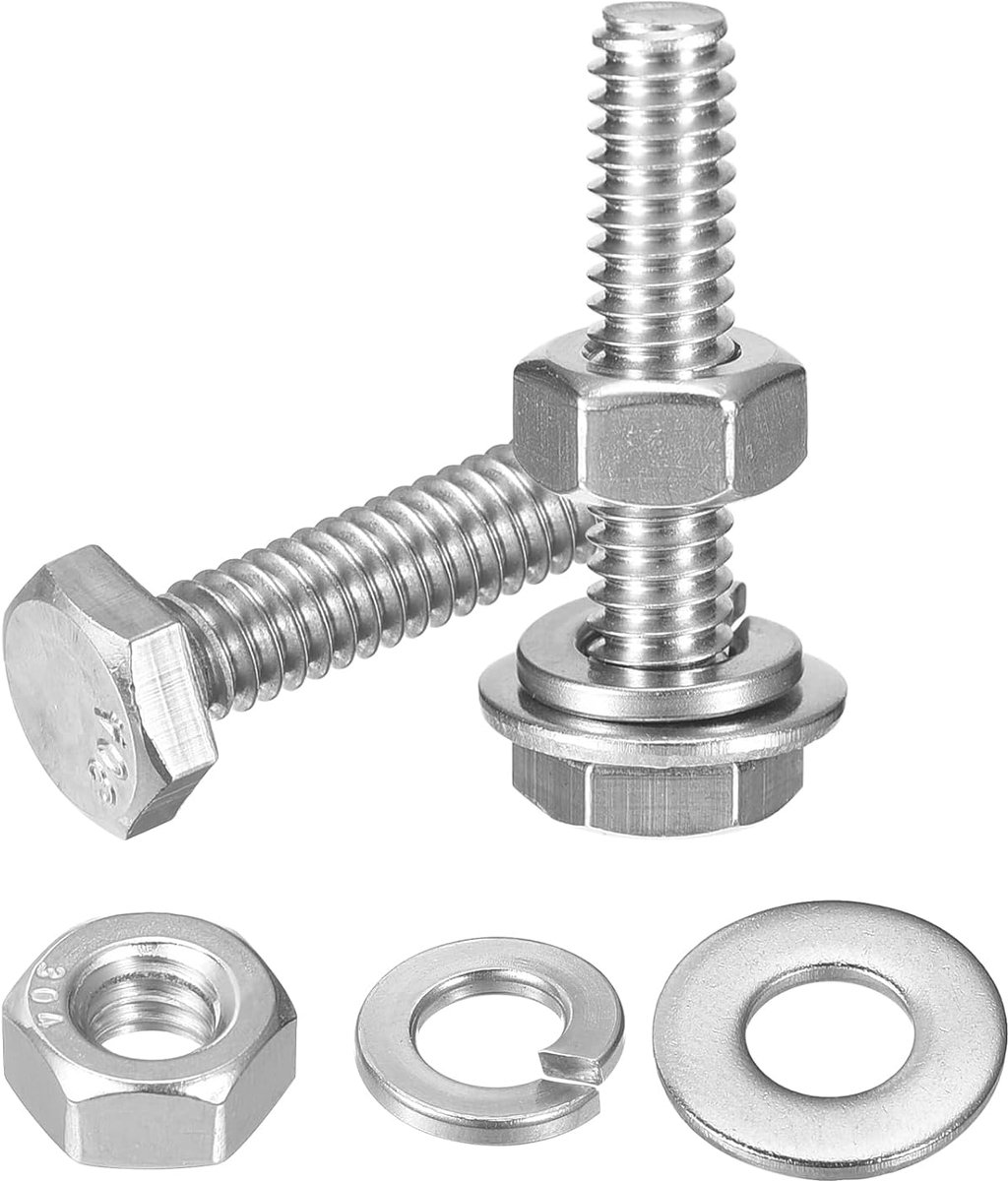 10-delige set zeskantmoeren en bouten, 304 roestvrij staal, 1/4-20 x 1-1/4 inch zeskantschroeven met 1/4 inch moeren en sluitringen voor bouw, machinebouw