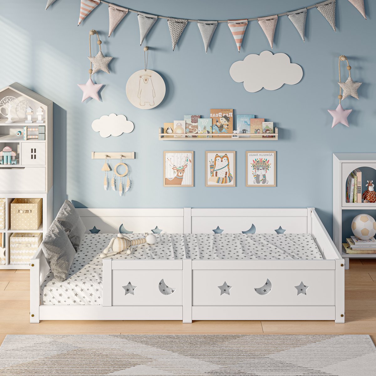Solvenrik Kinderbed 140x200 met Zijhek – Wit Massief Houten Bed – Groot Kinderbed met Lattenbodem – Veilig Bed met Sterren & Maan Motief
