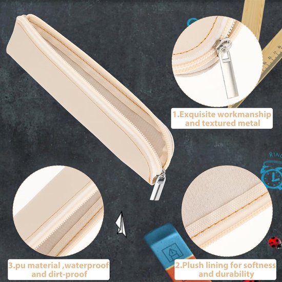 PU Lederen slanke etui, 2 stuks kleine pennenetui voor 4-6 pennen draagbaar briefpapier zakje cosmetische tas minimale make-up organizer rits opbergtas voor reizen zakelijk (zwart + wit) — afbeelding 3