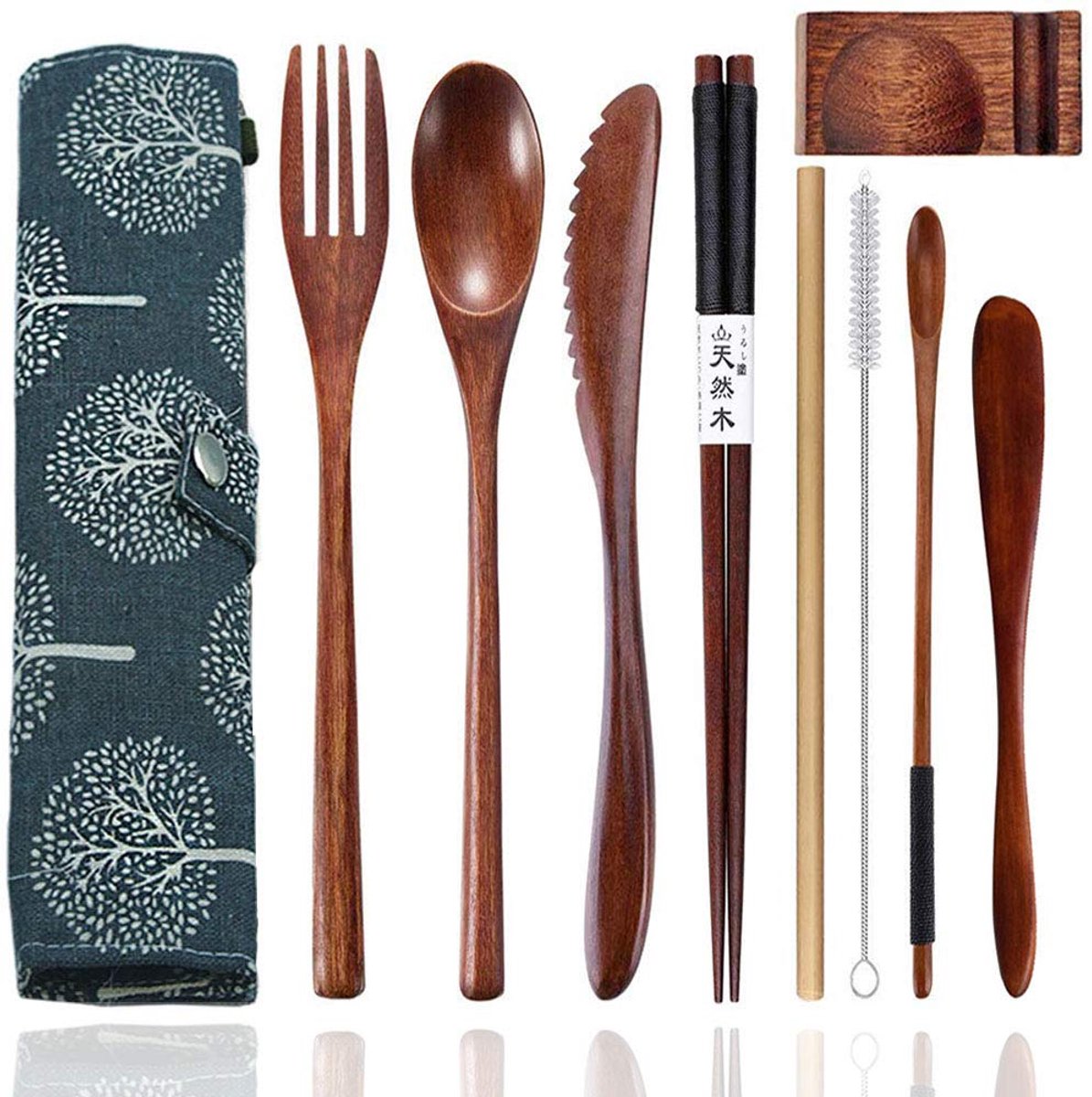 gebruiksvoorwerpen om te eten, herbruikbaar, bestekset met etui, 9-delige reisbenodigdheden, houten vork en lepel, set van hout, bestekset, met mes, vork, lepel, eetstokjes