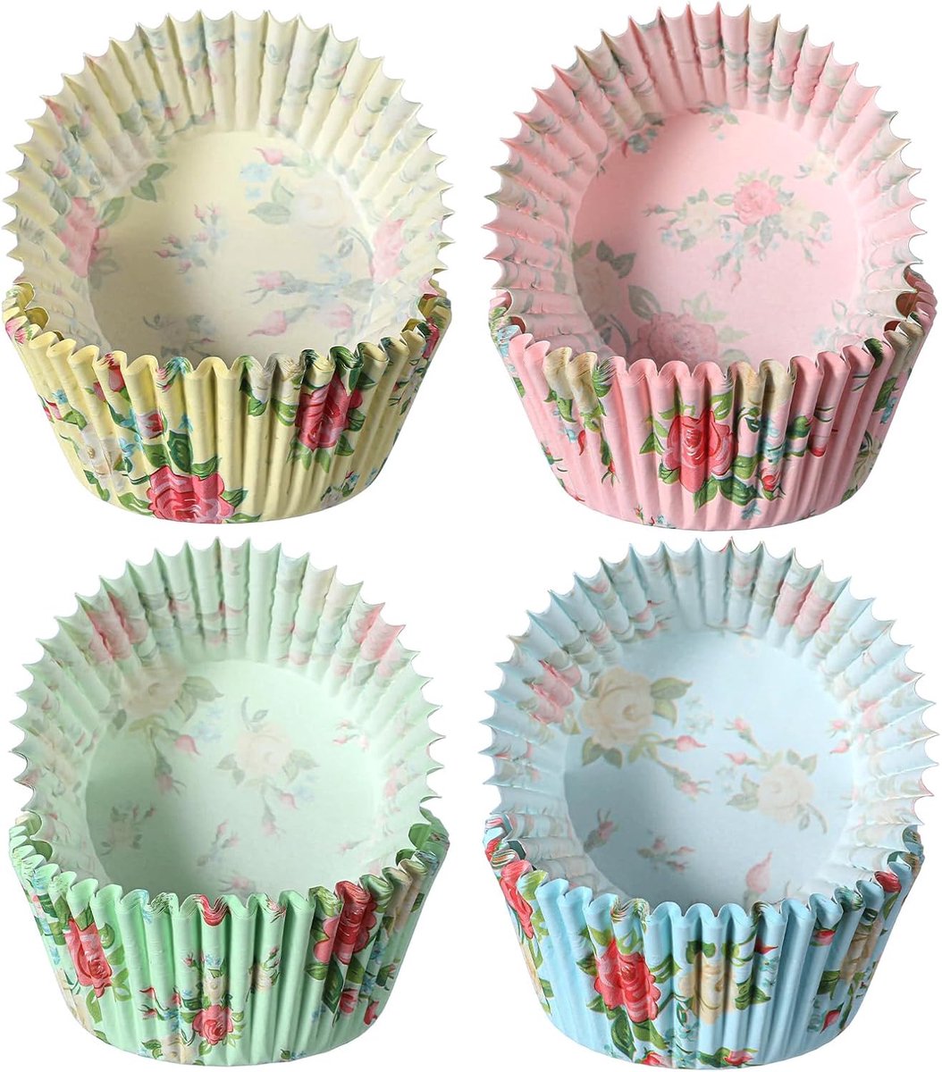 100STUKS Mooie Standaard Bloemen Cupcake Cases Liners Schattige Lente Roos Bloem Cupcake Wrappers Set, Voedselkwaliteit Muffin Cups Papieren Bakliner in 4 Levendige Kleuren voor Elegante Desserts