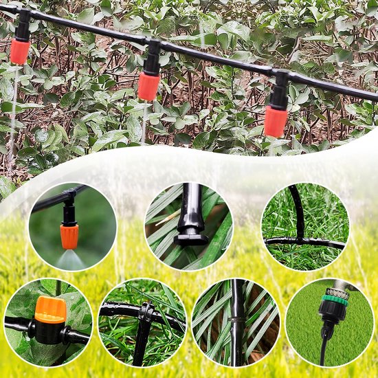 Stuks 4/6 mm Irrigatiesysteem Kit, 15m Irrigatieslang, DIY Auto Drip Irrigatie Kit, met Rechte Weerhakenverbindingen, Weerhaak T-Stukconnector, Eindplug, voor Gazon, Patio, Landschap — afbeelding 2