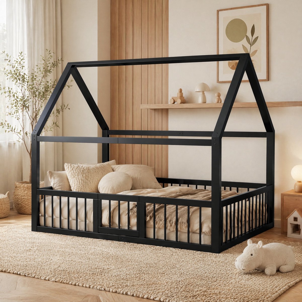 MIVRAY Metalen Huisbed 140x200 Cm - Kinderbed Met Dakframe En Veiligheidshek - Ruimtebesparend Vloerbed Zonder Matras - Metaal - Zwart