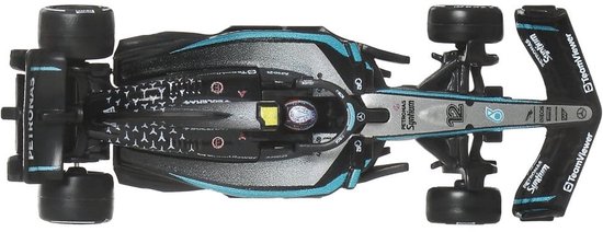 Zwart met turquoise accenten, PETRONAS logo, nummer 12. Van bovenaf gezien.