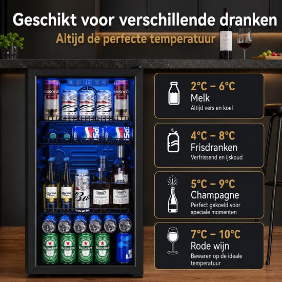 Celestul Drankenkoelkast 90L Zwart - Minibar met Glazen Deur - 126 Blikjes - No Frost - LED Verlichting - Bierkoelkast — afbeelding 3