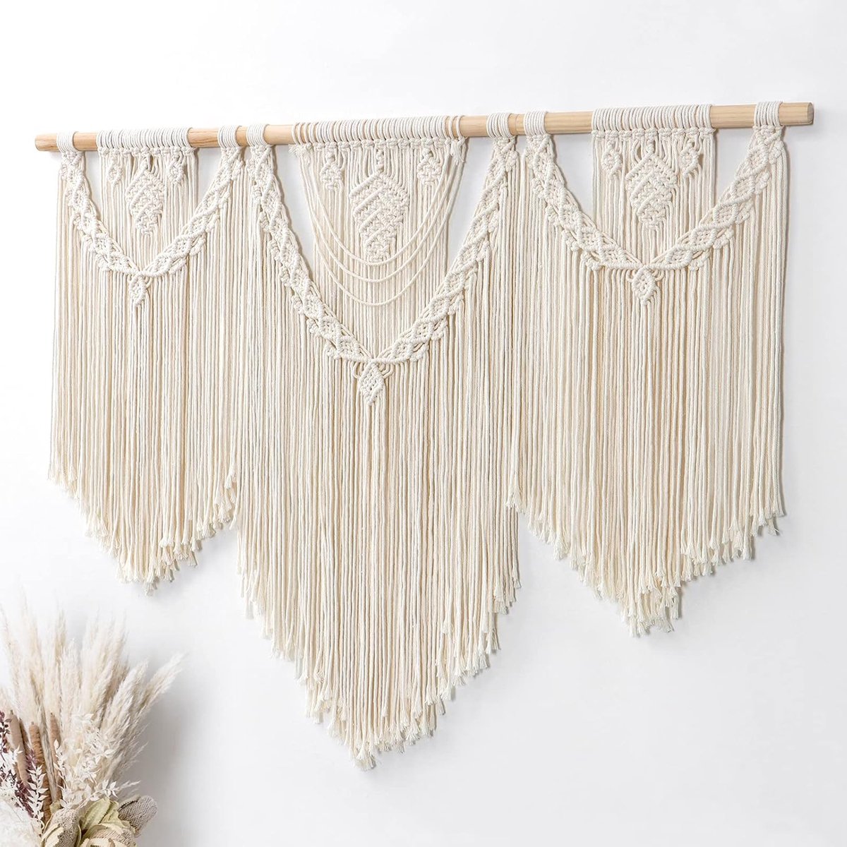 Macramé wandtapijt, groot, boho, geweven wandtapijt, bladeren, kwast, Boheems tapijt, katoenen touw, macramé, wanddecoratie voor slaapkamer, woonkamer, achtergrond (Blad)