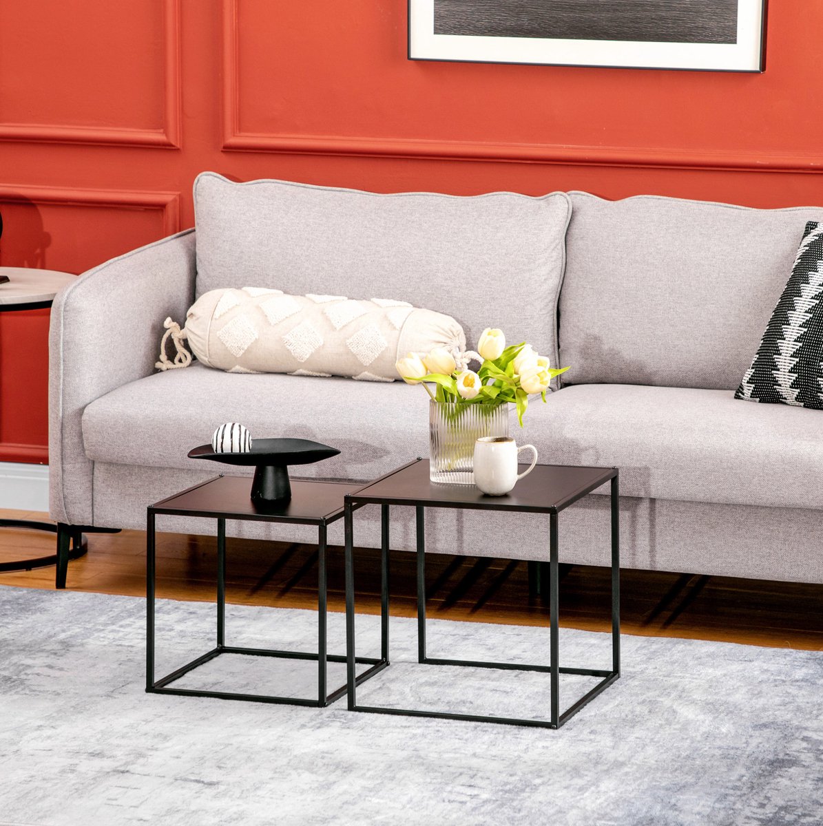 MEUNIQ salontafel set van 2 zwart met stalen frame, vierkante bijzettafels 40 x 40 x 40 cm en 35 x 35 x 35 cm voor woonkamer, modern design