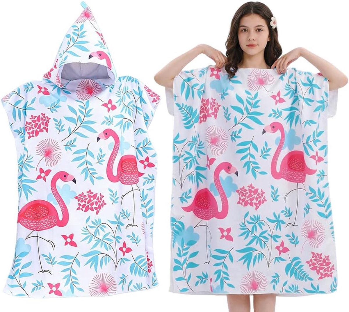 Strandlaken met capuchon, flamingo en tropische bladprint, aankleedjas, zachte microvezel strandponcho voor volwassenen, sneldrogende handdoek met capuchon voor strand, zwembad, douche-90