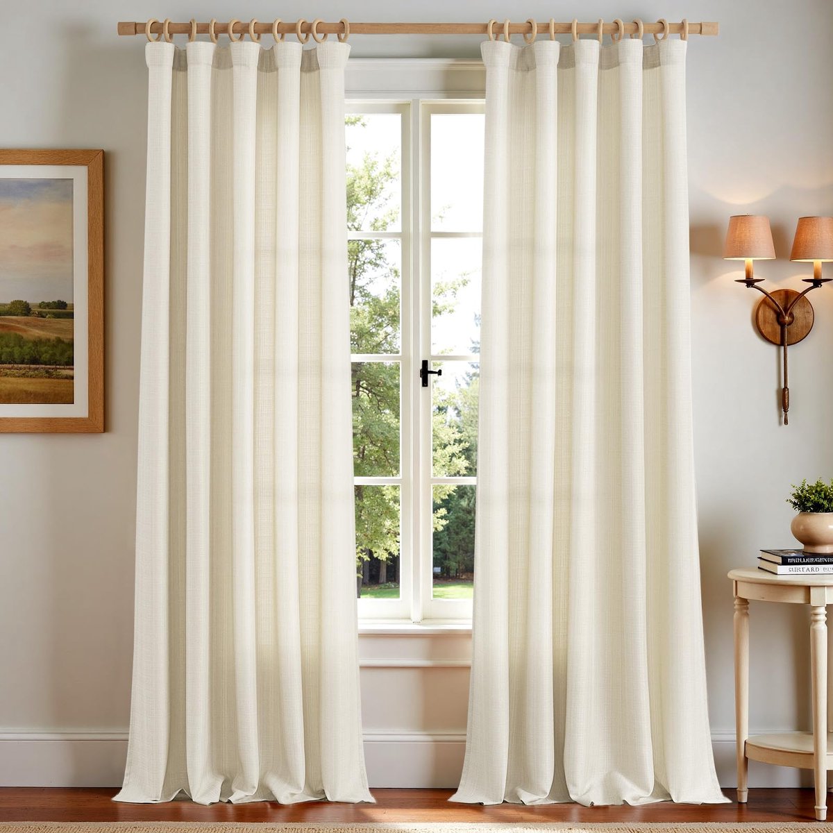 Gordijnen met plooiband, beige, set van 2 stuks, 140 B x 245 H cm, gordijnen voor woonkamer, modern, slaapkamer, kinderkamer, linnenlook, landhuisstijl, half-transparant