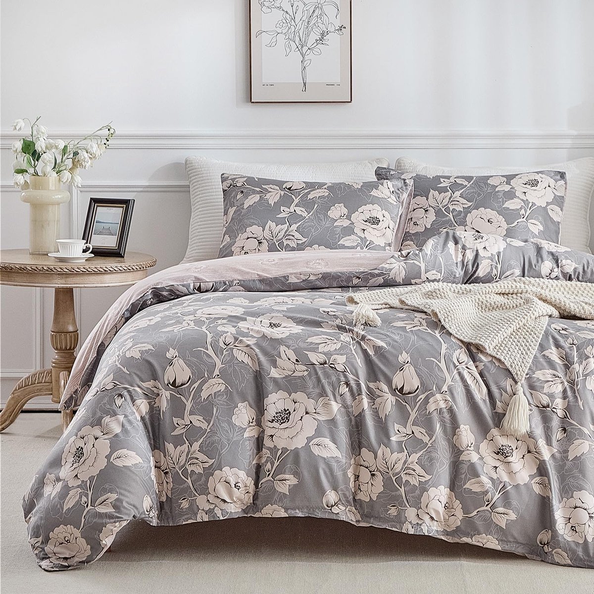 Beddengoed 200 x 200 cm, beddengoed, 3-delig, pioenroos, bloemenpatroon, 200 x 200 cm, beddengoedset microvezel, met kussensloop met ritssluiting, 2 stuks, 80 x 80 cm, grijs