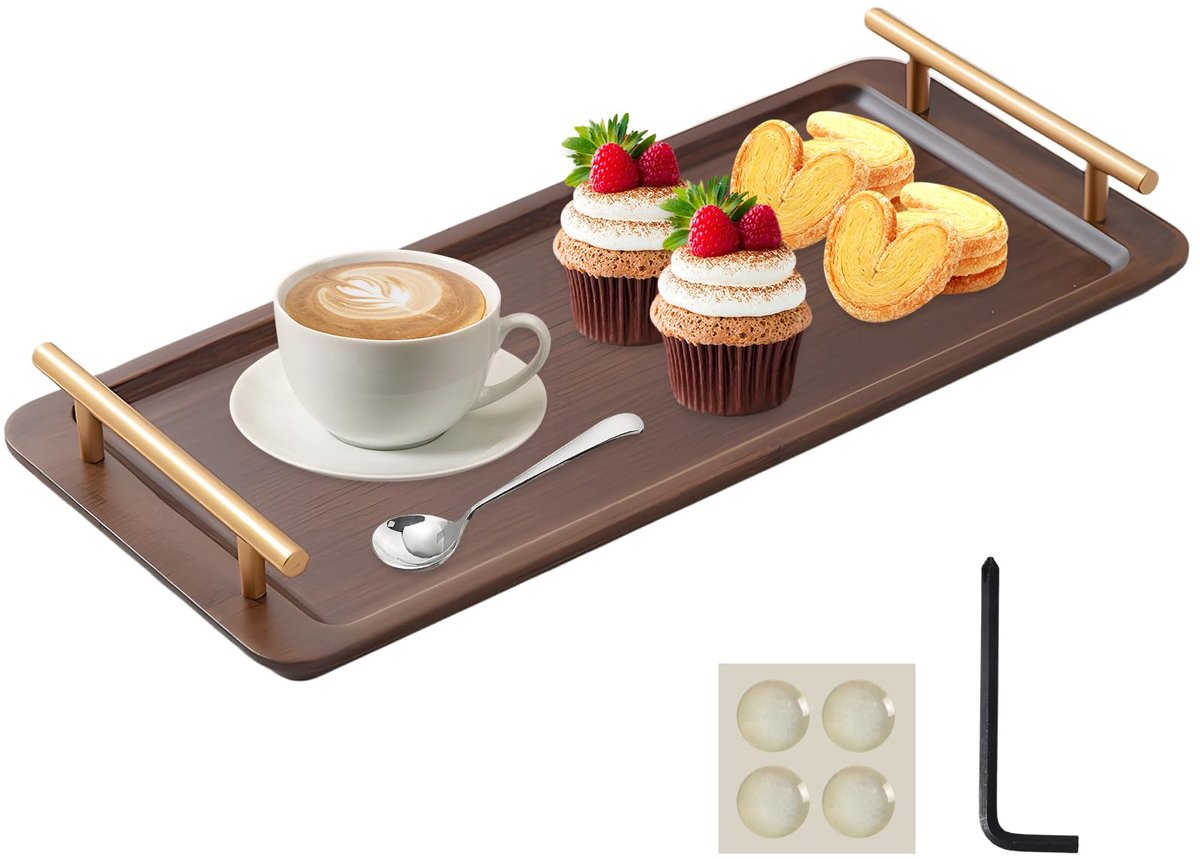 Badkamerdienblad van bamboe, make-up-dienblad van hout met handvat, decoratieve rechthoekige houder voor badkamersieraden, voor het opbergen van desserts, cosmetica-sieraden, 44 x 20 cm (walnoot)
