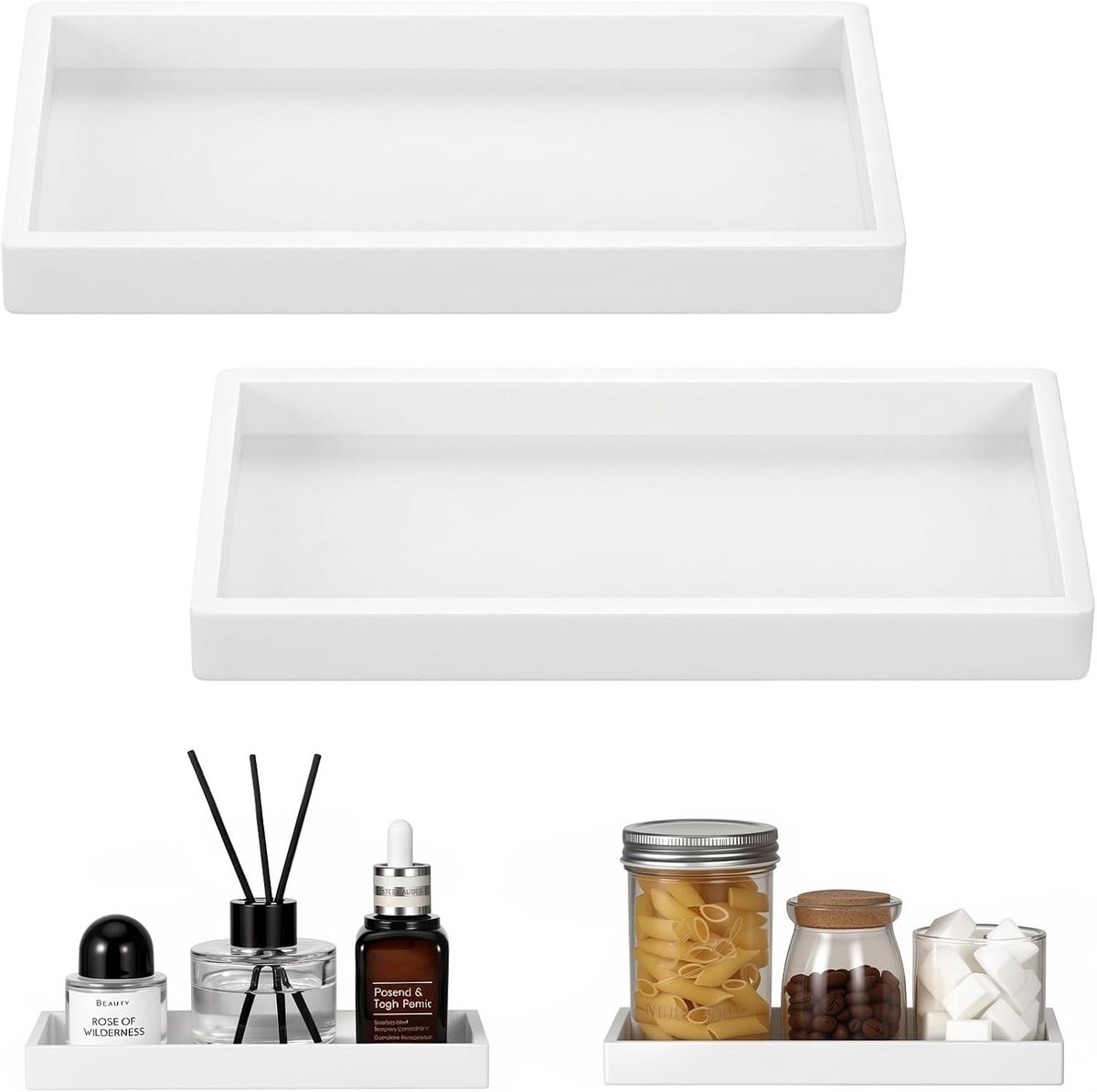 Badkamer Tray Set - 2 Stuks (20 x 10 cm) Siliconen Zeepdish voor Keuken en Badkamer, Organiser voor Zeepdispenser, Parfum en Sieraden, Wit