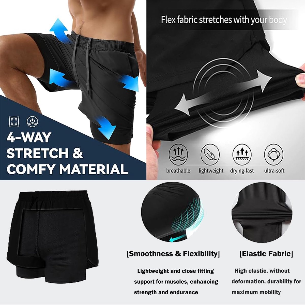 2-in-1, sportshorts voor zomer, hardlopen, compressie, fitness, joggen, voor thuis, ademend, sneldrogend, met ritssluiting, Zwart, S