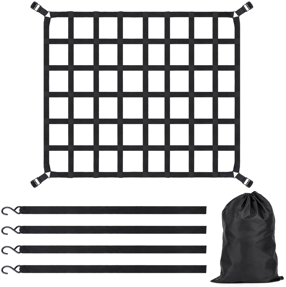 Netaanhanger, gordel, 127 x 106 cm, vrachtnet, ladingbeveiligingsnet, verstelbaar met nokkengesp en 4 riemen, bagagenet met 11 x 13 cm maaswijdte voor vrachtwagens, auto