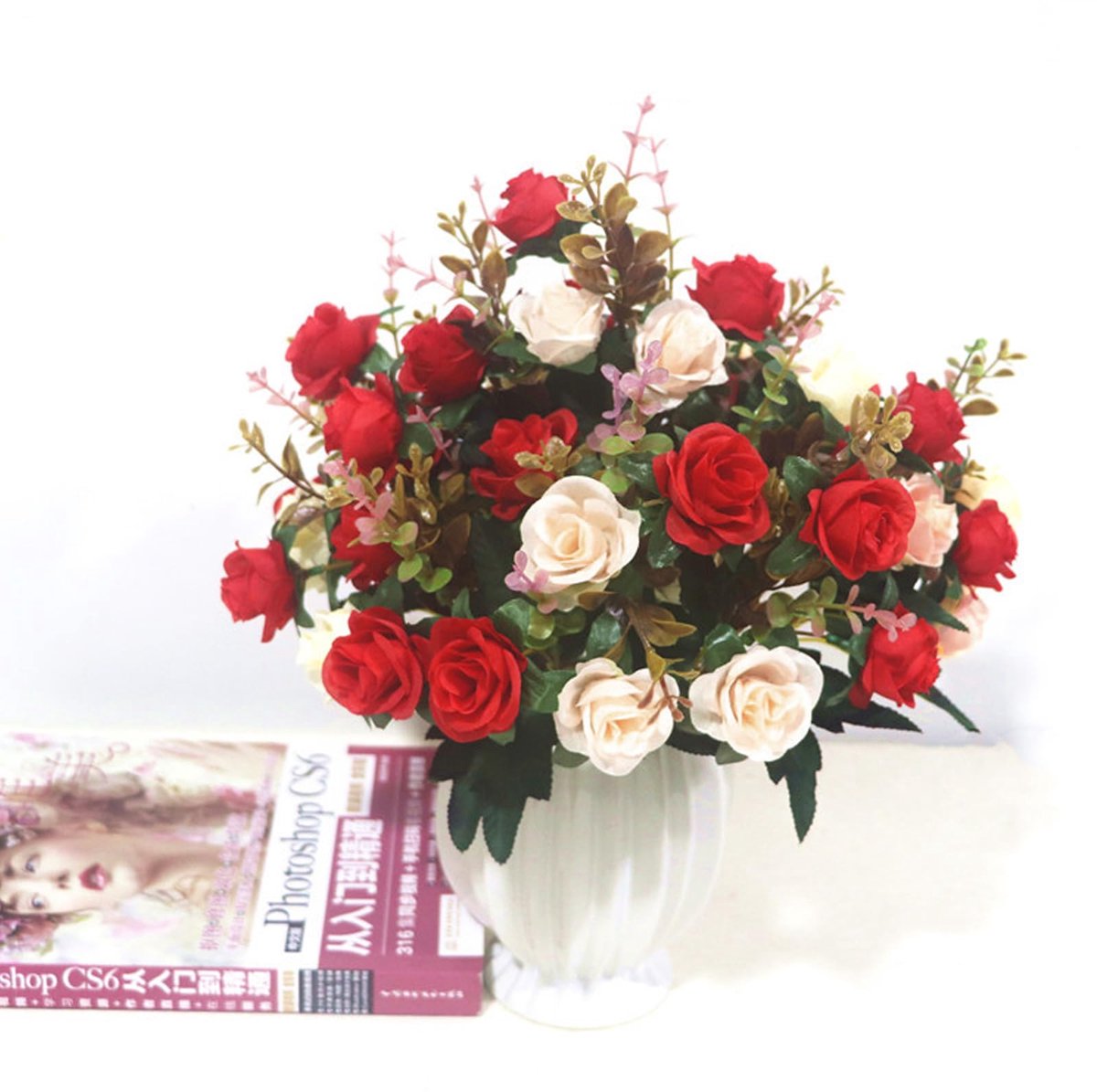 Bloemen, begraafplaatsbloemen voor graf, kunstrozenblaadjes, namaakboeket, kunstzijden bloemen, planten, bloemstuk, valse rozen, kunstrozen voor graf kunstbloemen (rood)