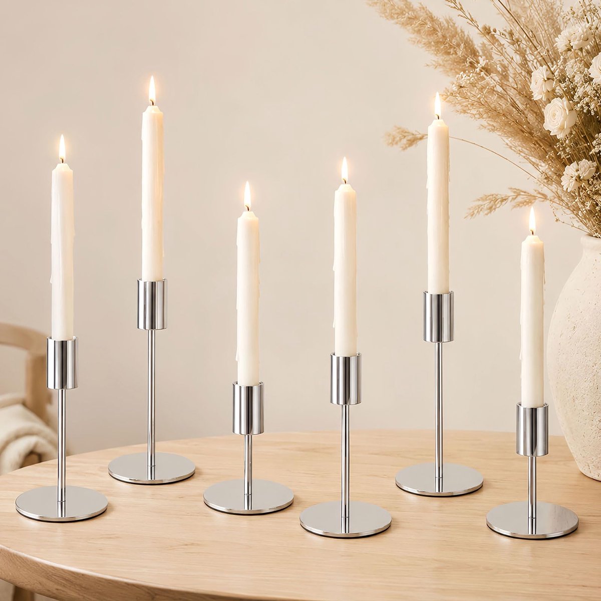 Set van 6 kandelaars van metaal, kaarsenstandaard, staafkaarsen, 16/14/8,5 cm, 3 verschillende hoogtes, voor bruiloft, tafeldecoratie, open haarddecoratie en diner (zilver)