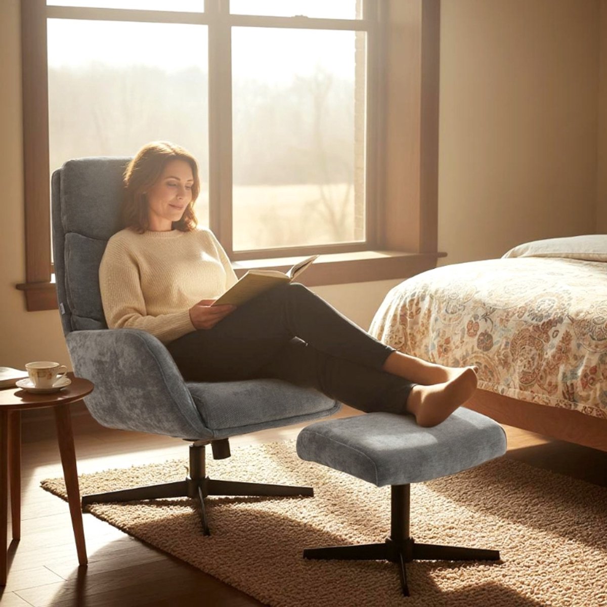 HAUSS SPOLE Fauteuil - Relaxfauteuil Met Hocker - Hoge Rugleuning En Schommelfunctie - Voor Woonkamer En Slaapkamer - Stof Grijs Gray