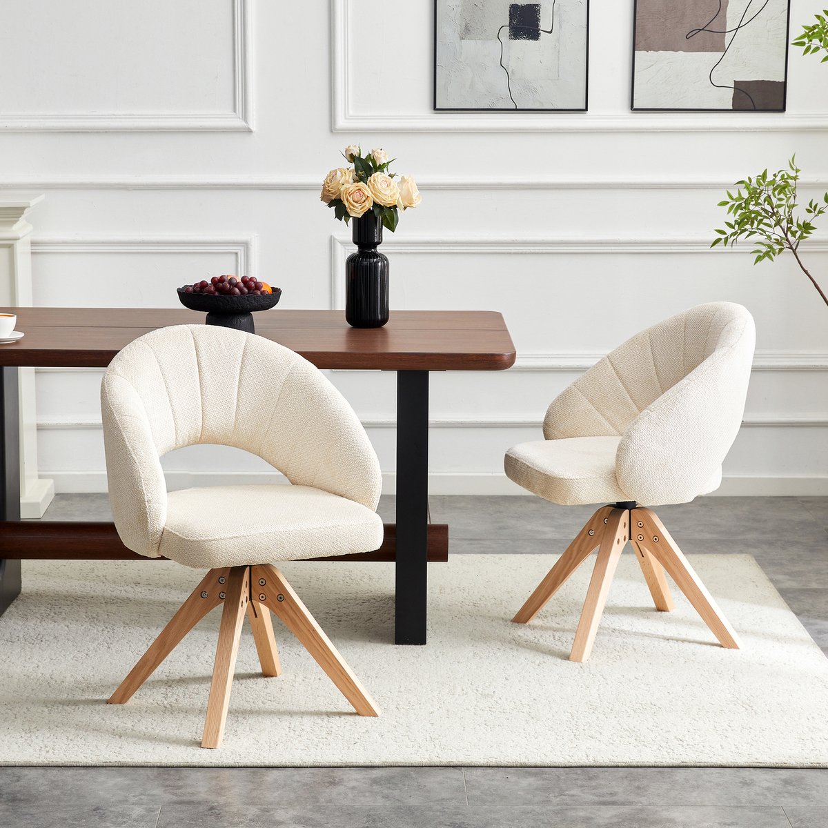 HAUSS SPOLE Eetkamerstoel - Draaibaar Retro Design - Set Van 2 Met Armleuning En Stille 360 Graden Rotatie - Voor Eetkamer En Woonkamer - Stof Hout Wit