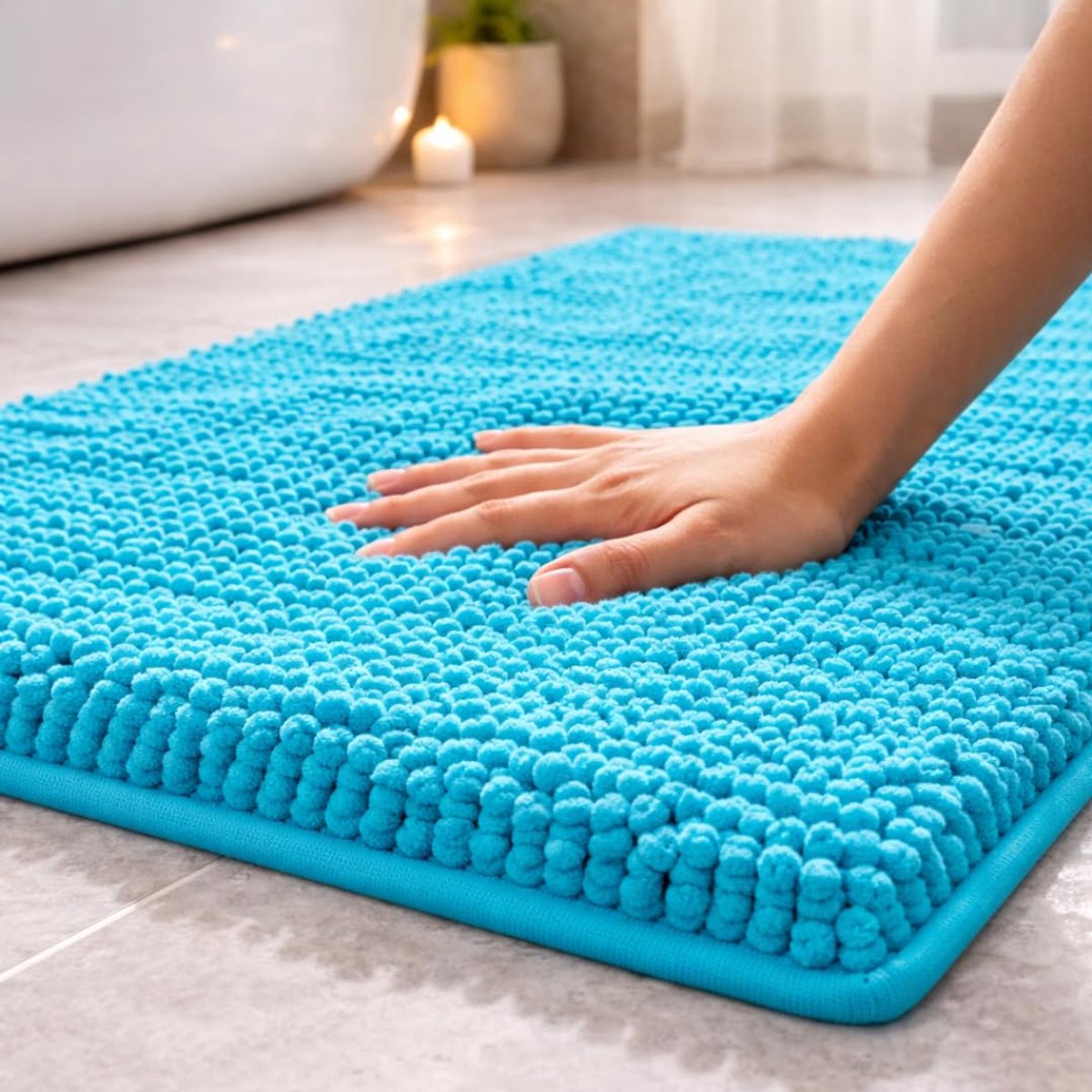 Badmat "Noodles" - 80 x 50 cm, hemelsblauw, antislip badmat, wasbaar, zacht, absorberend, voor badkamer