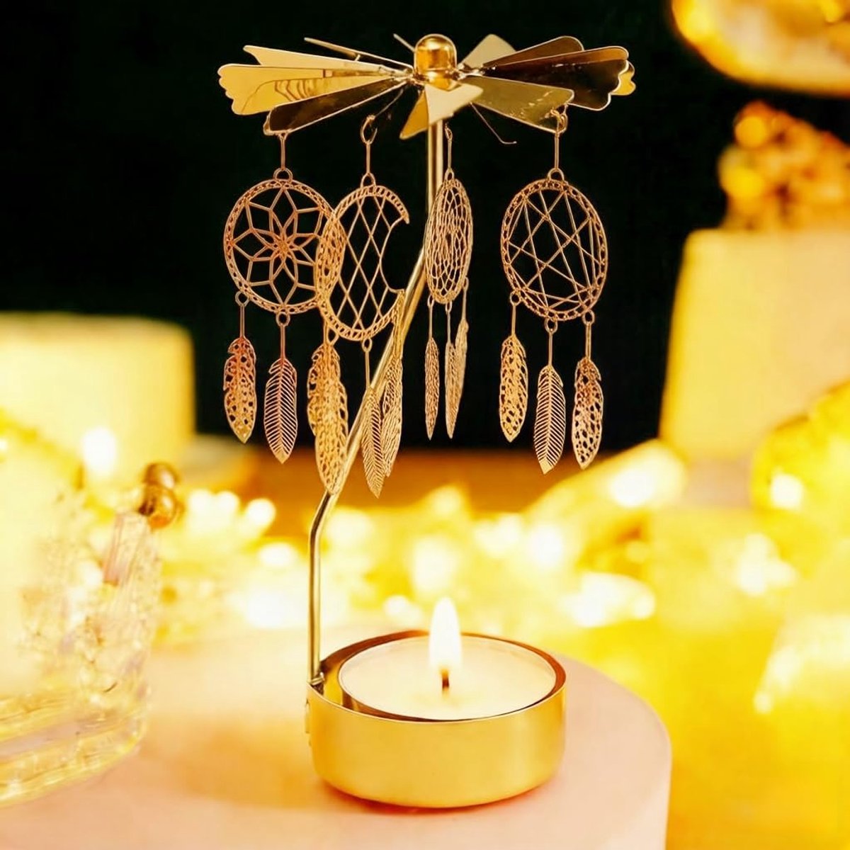 Kaarsenhouder, roterende carrousel theelichtkaarsenhouder, uniek verjaardagscadeau voor vrouwen, moeder, zus, vrienden, Kerstmis, Valentijnsdag (dromenvanger)