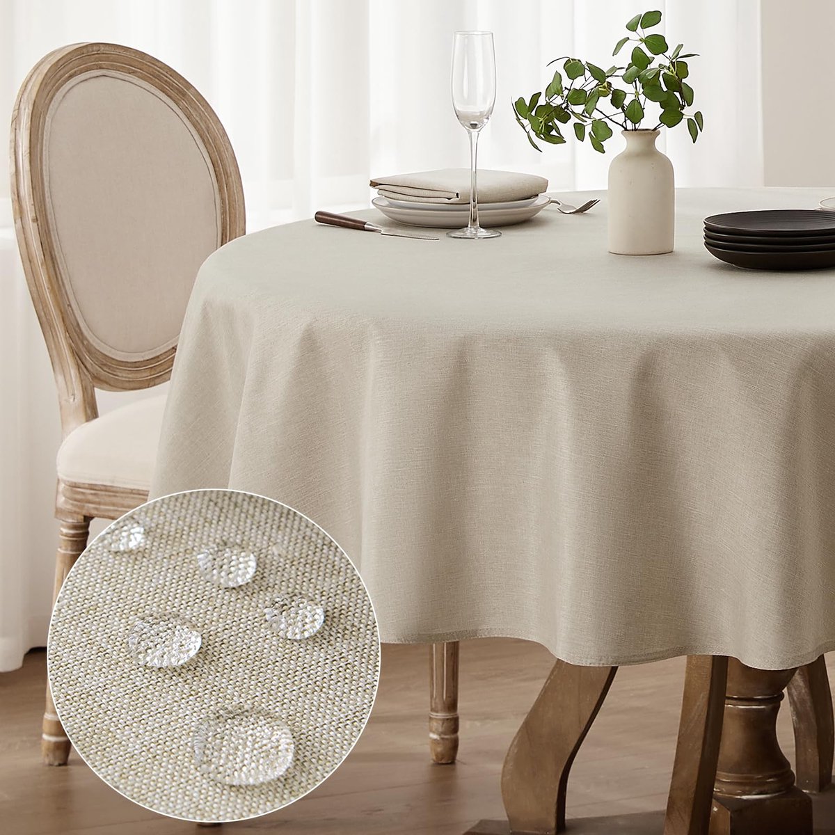 Tafelkleed, rond, 100 cm, afwasbaar, outdoor, waterafstotend tafellinnen, linnenlook, tuintafelkleed, tafelkleed voor camping, bruiloften, verjaardag, beige