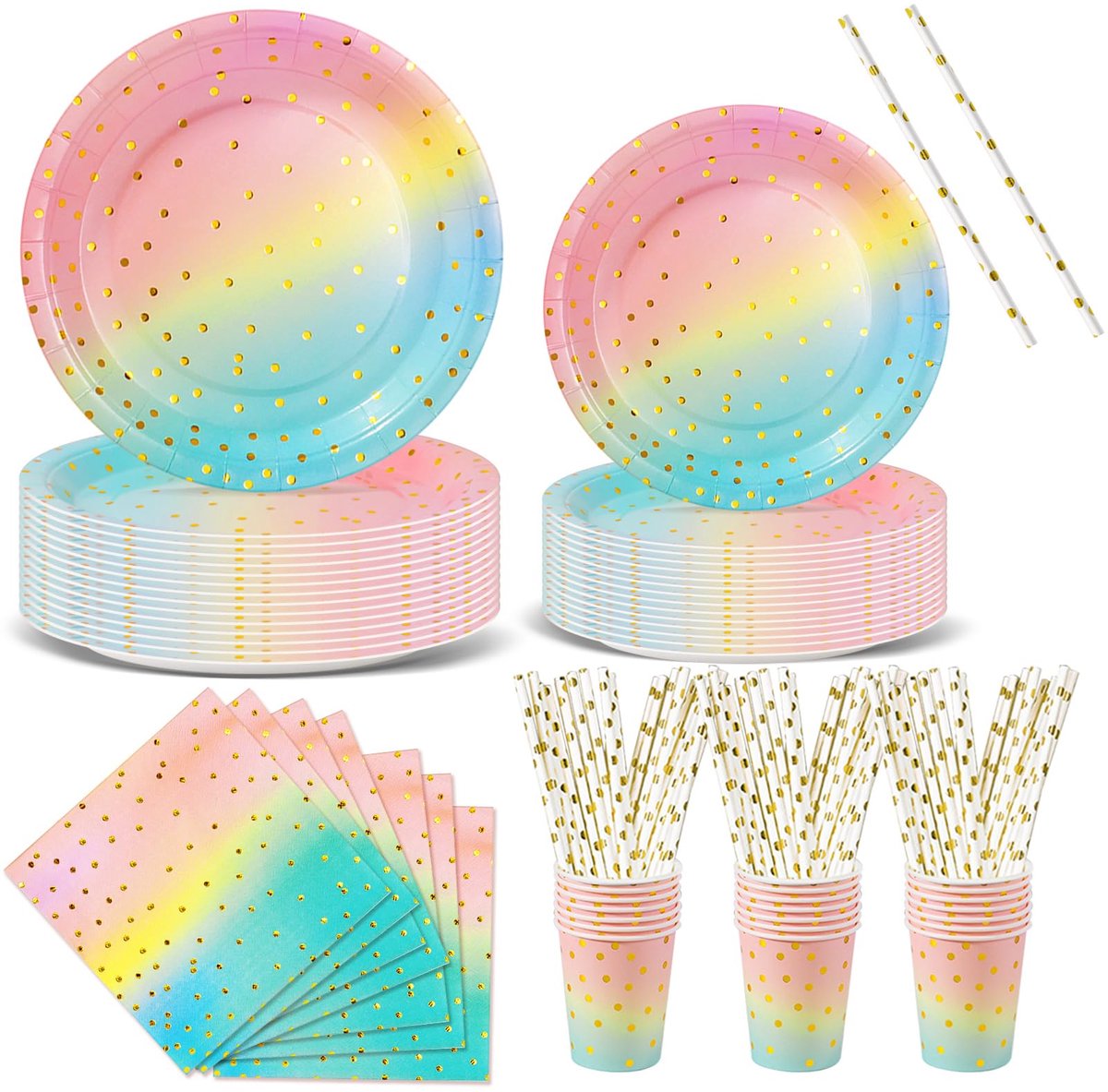 Verjaardagsfeestservies, 120 stuks, regenboog, goud, feestborden, verjaardag, set inclusief wegwerpborden, papier, kopjes, servetten voor feest, decoratie, babyshower, 24 gasten