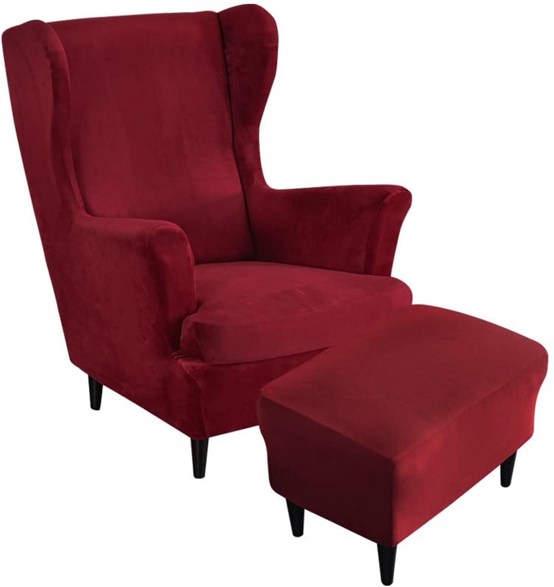 Velvet Wingback Stoelhoezen 2-Delig Met Ottomaanse Hoes, Stretch Wing Chair Hoes, Wasbare Spandex Stoffen Bankhoes Meubelbeschermer Voor Fauteuils Slaapkamer Hotel (donkerrood)