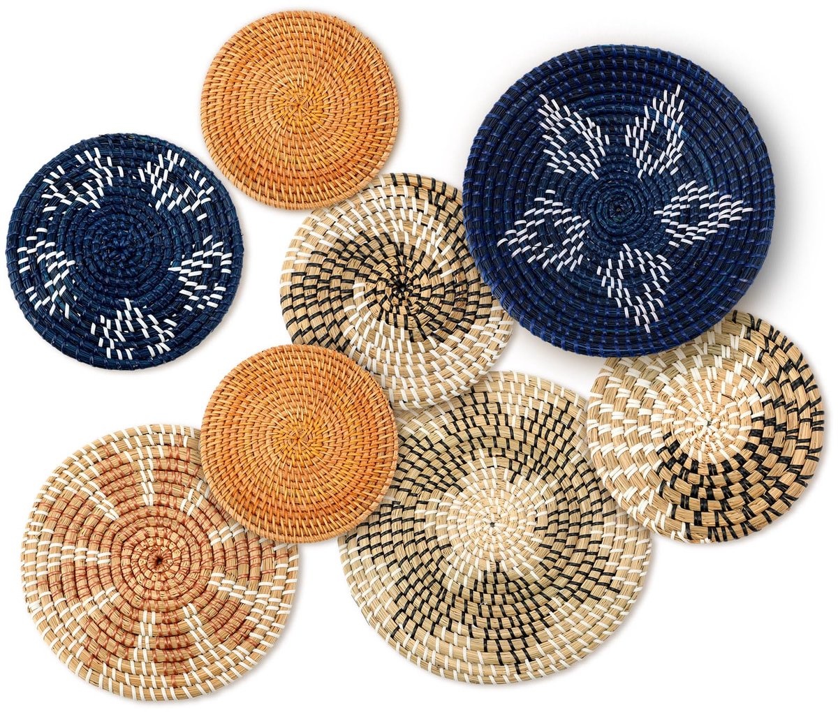 Set van 8 hangende geweven muurmand, handgemaakte decoratieve rustieke boho muurmand, decoratie, handgemaakt rieten ronde zeegrasmand muurkunst voor thuis, keuken, boerderij, tafel, woonkamer