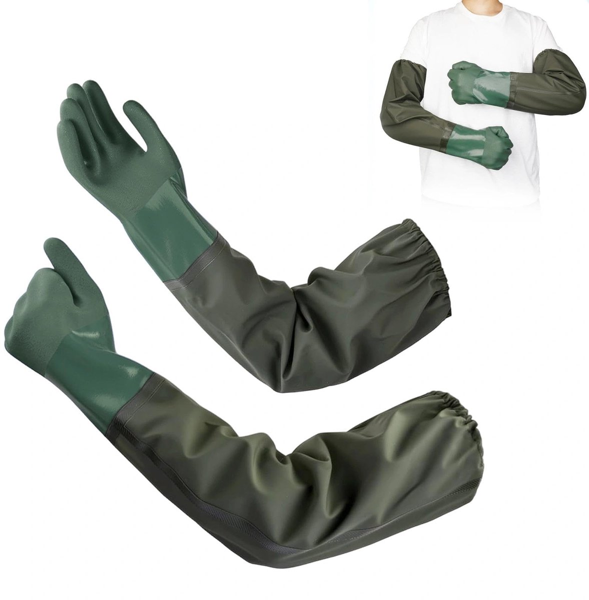Lange handschoenen, 70 cm, rubberen huishandschoenen, chemische bescherming, waterdicht, antislip, voor reiniging, vijver, industrie, landbouw, visserij, bouw (blauw)