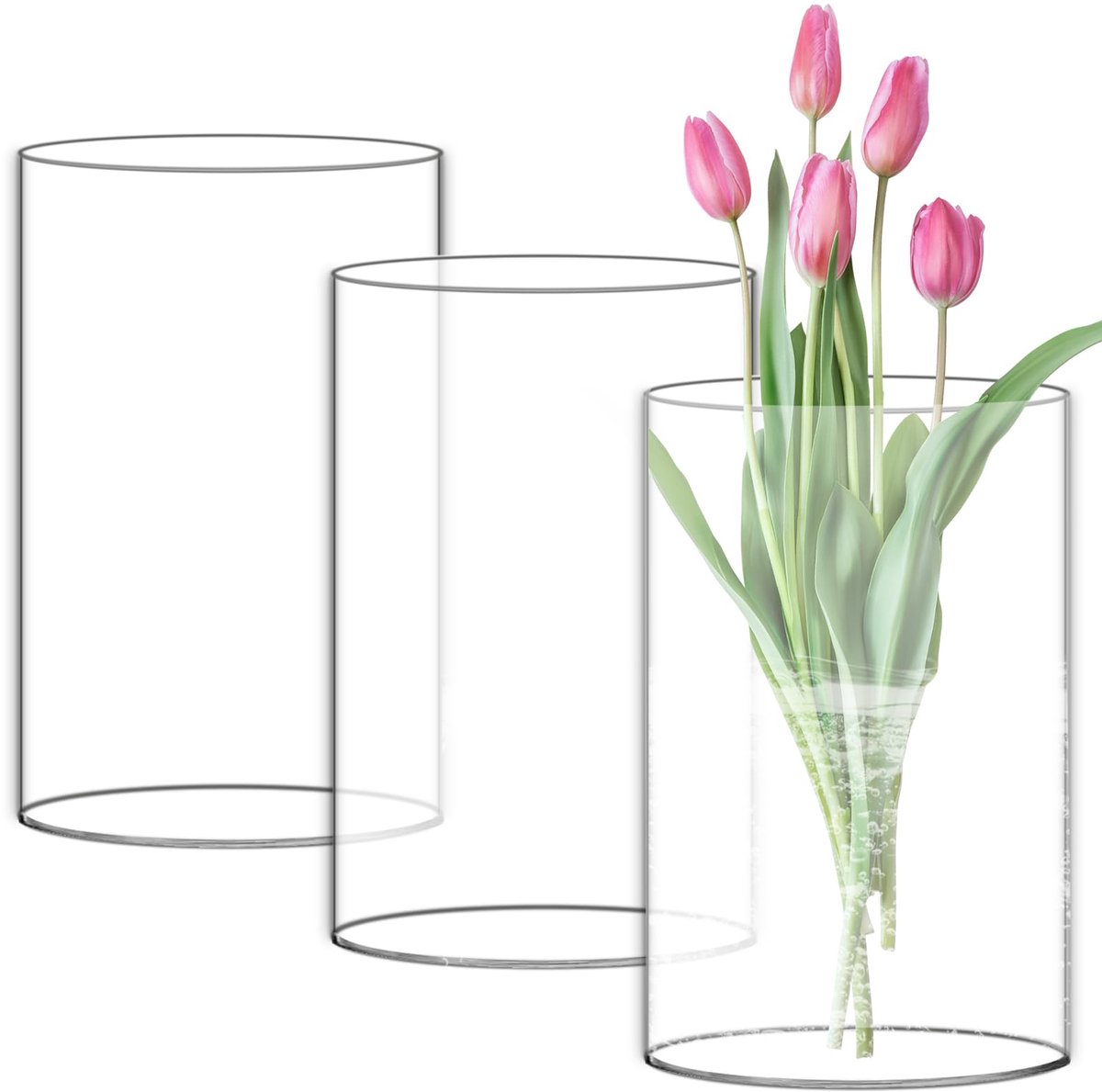 3 stuks hoge glazen vazen, hoogte: 15 cm, 10 cm, transparante glazen vaas, cilinder met bodem, brede opening, glazen vazen, bloemenvaas van borosilicaatglas, ideaal om te versieren, voor