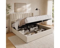 OKWISH Tweepersoonsbedden 140x200 cm - Opbergbed Met Hydraulische Mechanisme En Lattenbodem - Gestoffeerd Bed Voor Slaapkamer Opbergruimte - Linnen - Beige