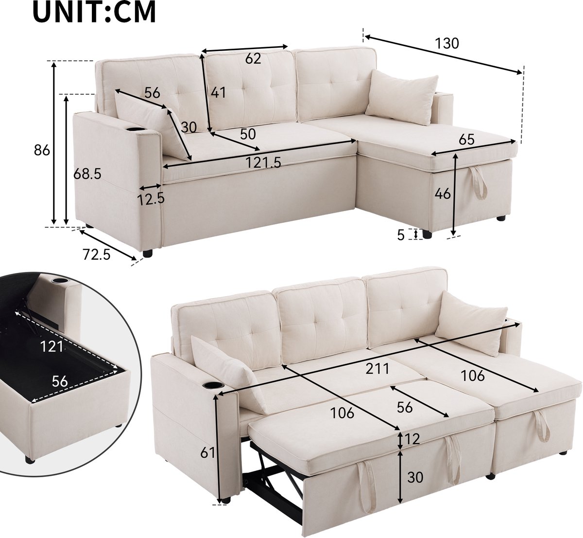 MIVRAY Slaapbank 211 x 130 x 86 cm - Omkeerbare Hoekbank Met Opbergruimte En Bekerhouders - Voor Woonkamer - Katoenlinnen Beige