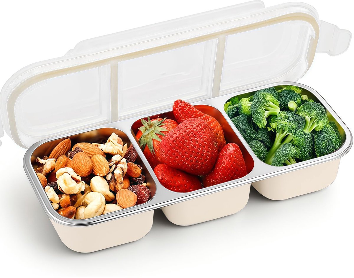 Snackbox met vakken - Snackbox van roestvrij staal met 3 vakken, waterdichte bento, herbruikbare doos voor thuis en op reis