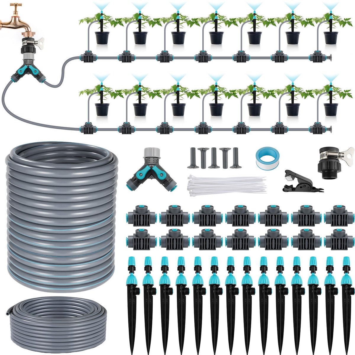 30M Automatische Irrigatieset, Druppelirrigatiesysteem, Tuin Irrigatie Doe-het-zelf Irrigatiekit voor Planten, Tuin, Kas, Bloemen