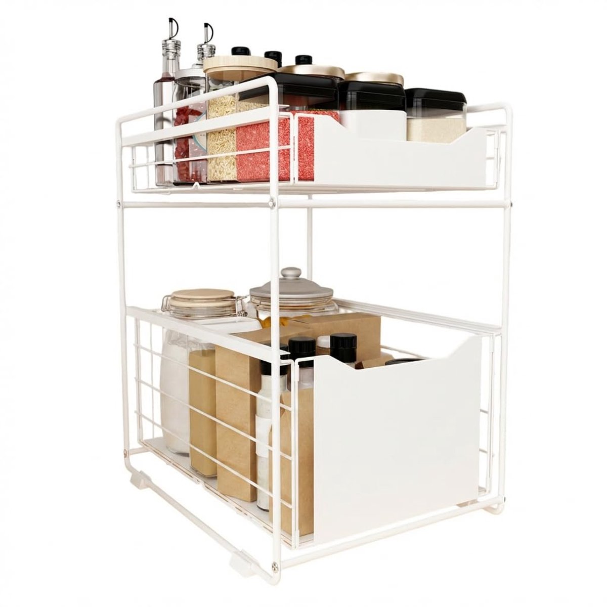 2-laags organizer met opberglade onder de gootsteen schuifkast uittrekbare mand rek kruidenrek snackorganizer voor keuken badkamer slaapkamer aanrecht voorraadkast kantoor - wit