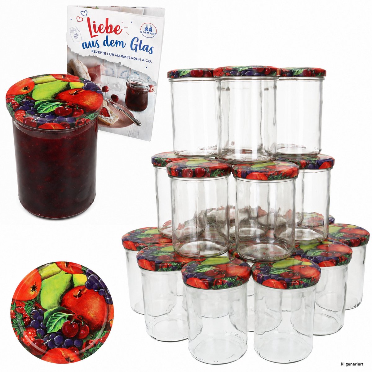 48-delige set sturzglas 435 ml jam jar Inmaakpot Inmaakpot Tot 82 fruitdeksels incl. Diamant-suiker Gelierzauber receptenboekje